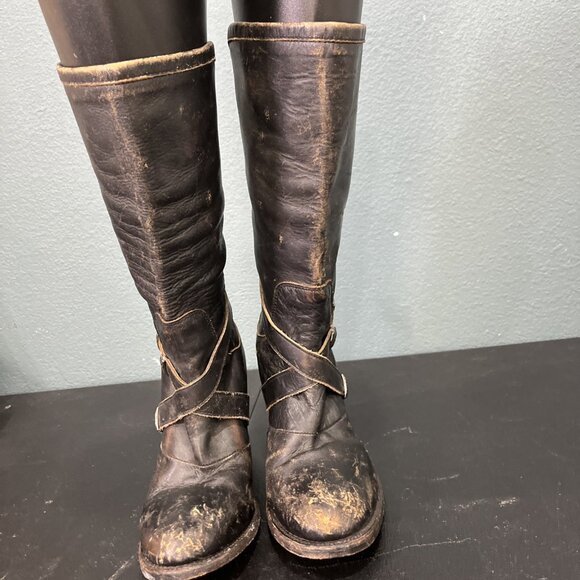 Freebird Teagan Boots Womens 8 Black Distressed Leather Knee High Western Buckle - Picture 4 of 10